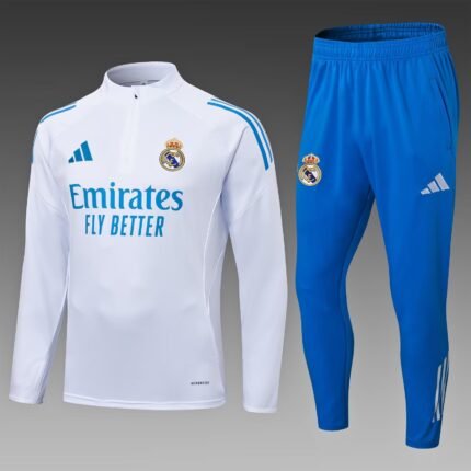 2025/2026 Real Madrid Half-Pull Training Suit White Blue Pants Football Shirt 1:1 Thai Quality Set